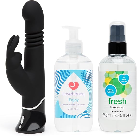 Fifty Shades of Grey Greedy Girl Thrusting Rabbit G Spot Dildo & Clitoral Vibrator, Enjoy Water Based Lube 8.4fl oz & Fresh Sex Toy Cleaner Spray - Womens Sex Toy Kit Bundle