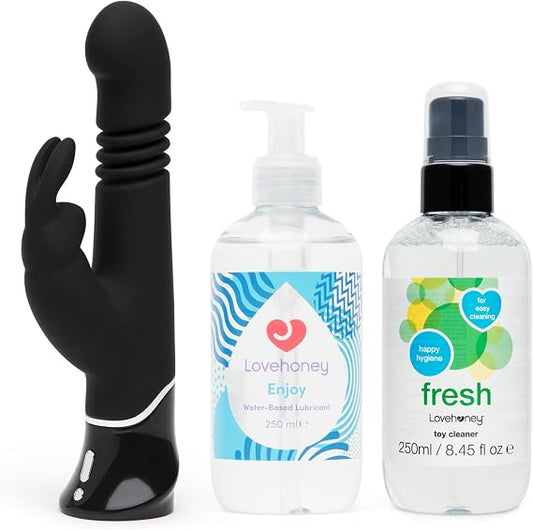 Fifty Shades of Grey Greedy Girl Thrusting Rabbit G Spot Dildo & Clitoral Vibrator, Enjoy Water Based Lube 8.4fl oz & Fresh Sex Toy Cleaner Spray - Womens Sex Toy Kit Bundle